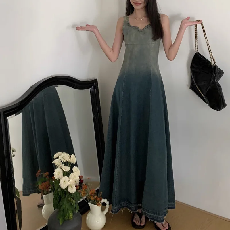 Dress Vestidos De 15 QuinceañEra 2024 Retro Gradient Denim Dress Women New Suspender Long Casual Elegant Female Dresses Cheap