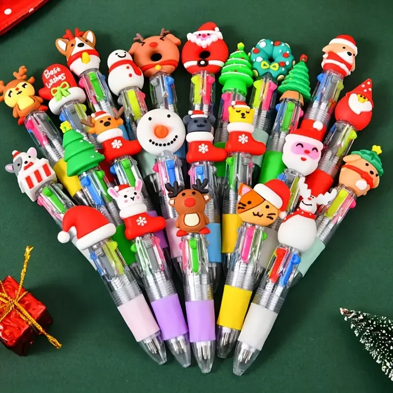 16pcs Mini Christmas Ballpoint Pens - Vibrant Assorted Designs, Soft Silicone Grip, Ergonomic for Office & Holiday Gifts