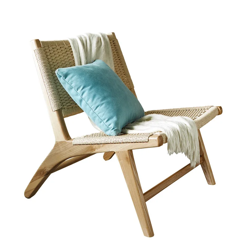 

Nordic solid wood sofa home living room hemp rope woven recliner, creative modern rattan backrest leisure chair B & B