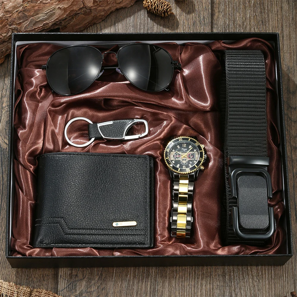 New Mens Gift Box Set Casual Business Quartz Watch Keychain Sunglasses Belt and Wallet Set for Men Boyfriend Dad Husband Gift