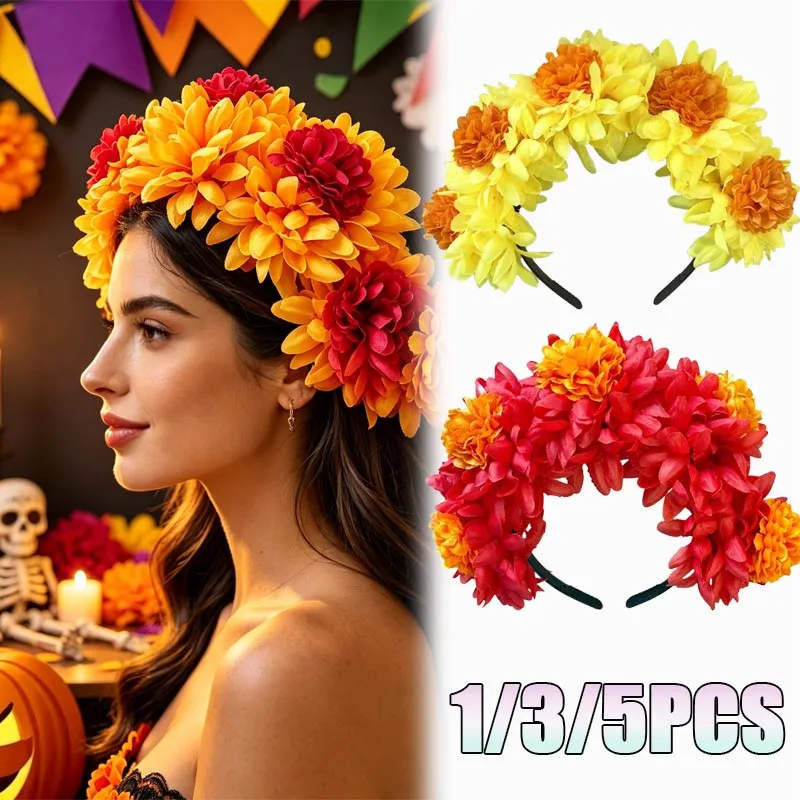 1/3/5 Piezas Corona de Flores de Caléndula Mexicana para Fiesta, Diadema para Halloween, Carnaval, Actuación, Accesorio de Disfraz de Catrina para Mujer