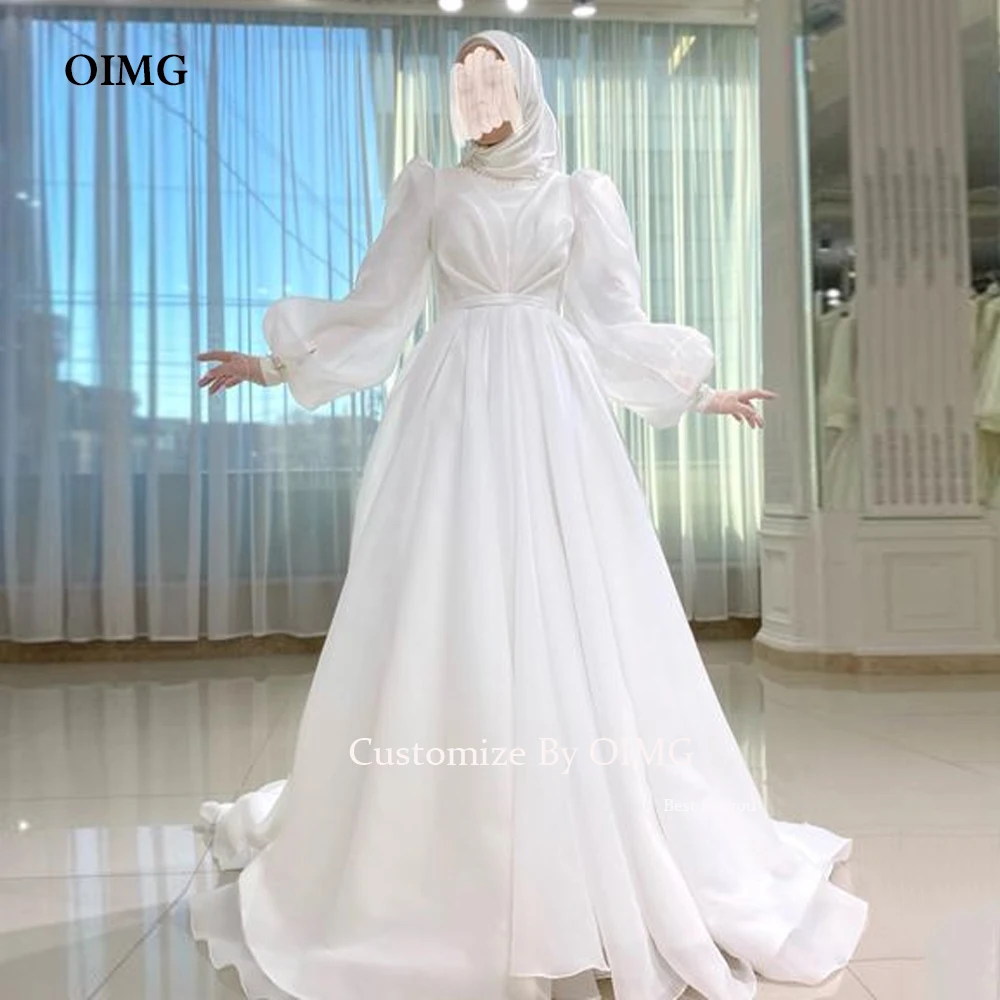 OIMG White Long Wedding Evening Dress Organza Prom Dress Full Sleeves Prom Gowns Formal Moroccan Modest Dubai Party Dress 2024