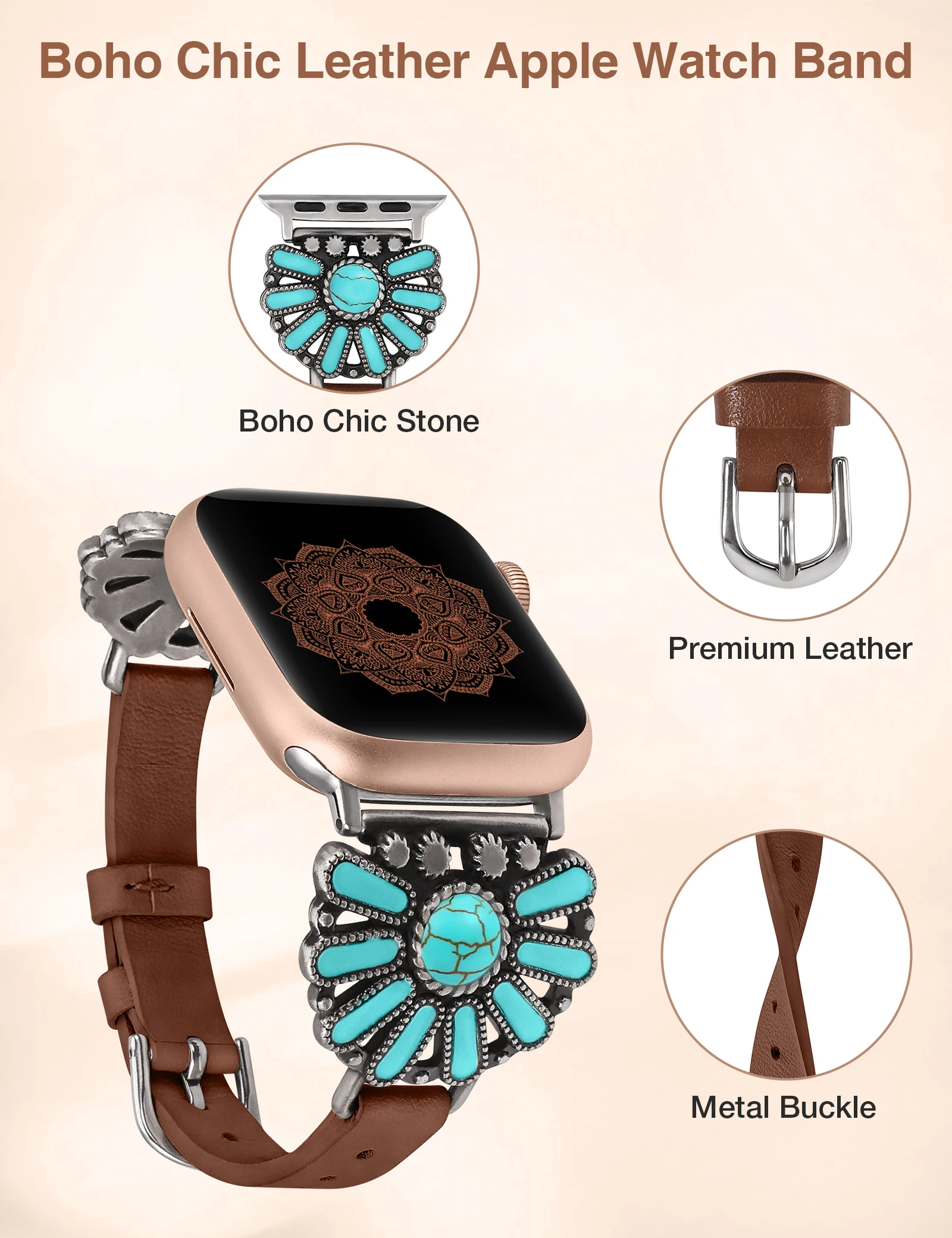 Boho Western Vintage Leather Strap For Apple Watch Band 44mm 49mm 45mm 42mm 40mm Turquoise Strap For IWatch Series Ultra 9 8 7 6