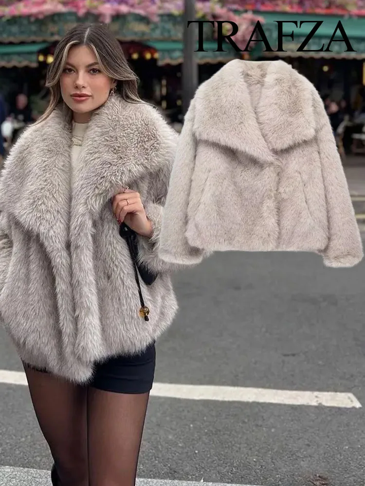 TRAFZA Warm Fluffy Faux Fur Long Sleeve Coat Female Casual Loose Turn Down Collar Overcoat Streetwear 2024 Winter Jacket Tops