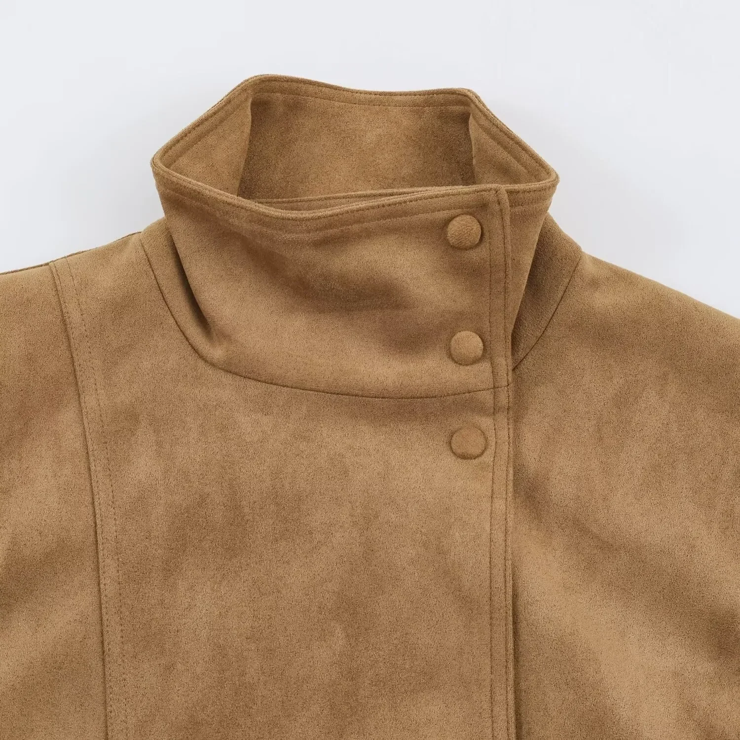 Damen Kunstwildleder Kurze Herbst-Winter-Jacke mit Gürtel, Langarm, Locker Geschnitten, Lässige Oberbekleidung, Streetwear für Frauen – Detail 11