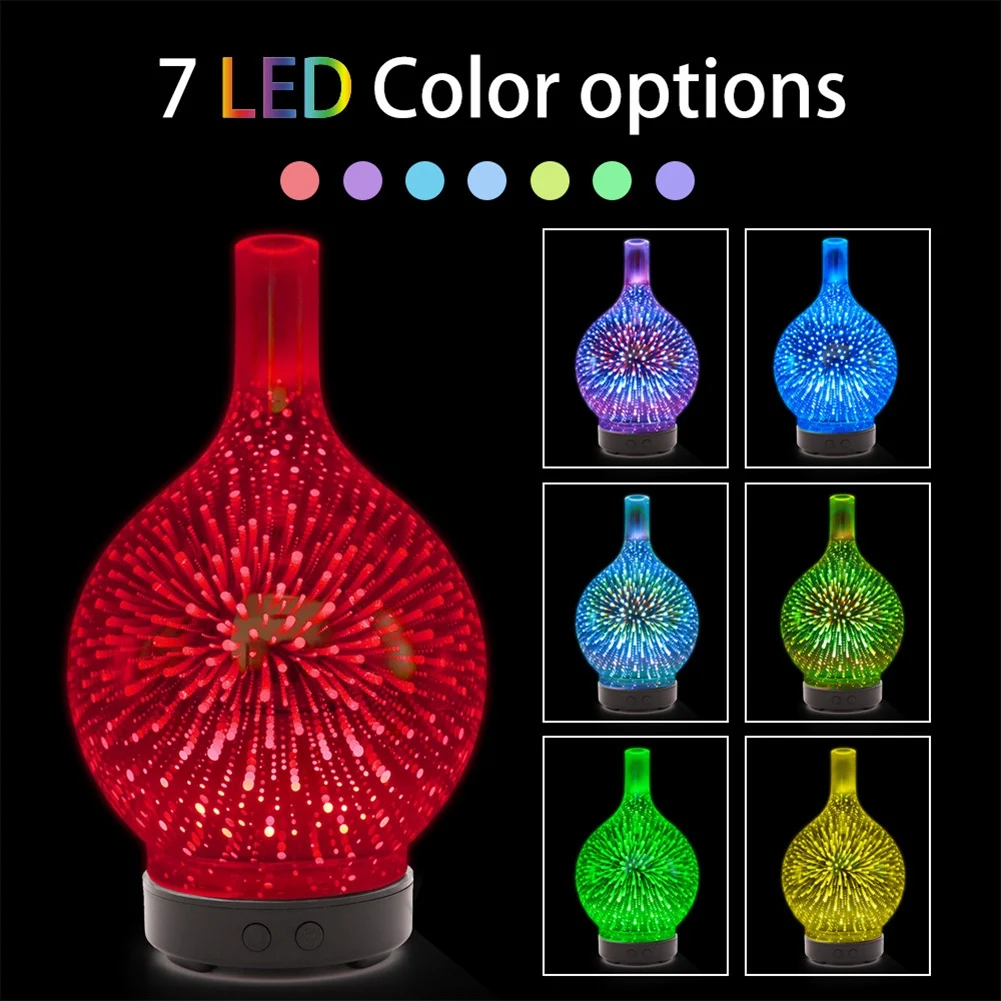 3D-Feuerwerksglas-USB-Luftbefeuchter mit 7-Farben-LED-Nachtlicht, Aromaöl-Diffusor, kühler Nebelhersteller, Schwarz, EU-Stecker