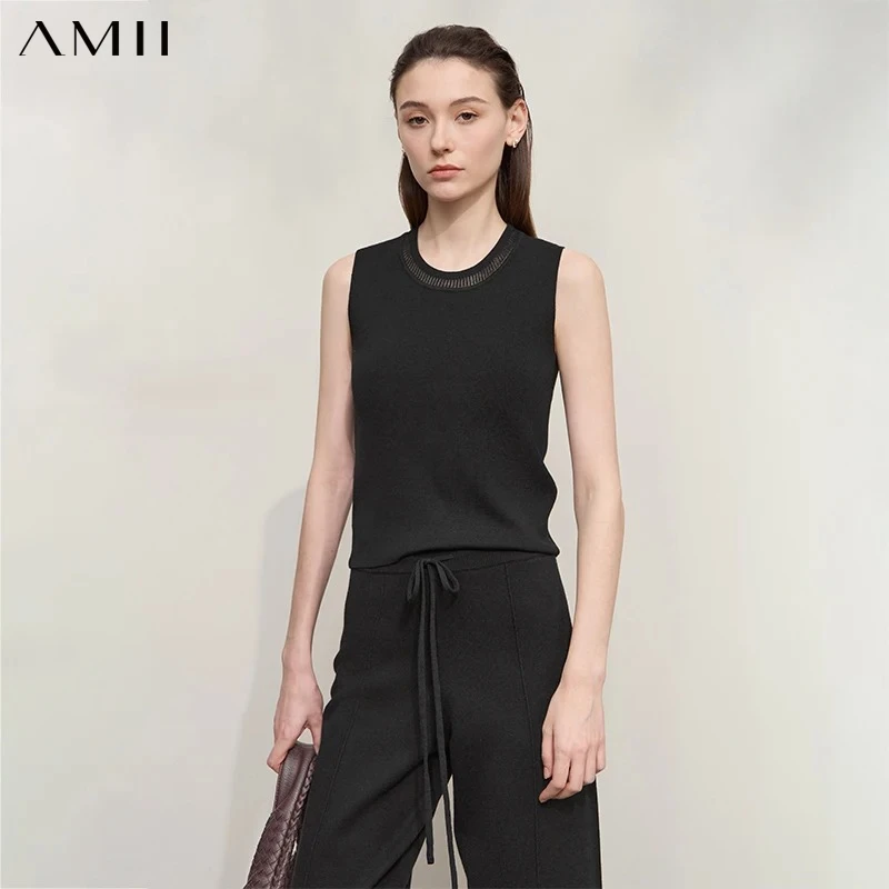 AMII Top Women 2026 Autumn New Casual Versatile Crew Neck Knitted Top Female Slim Sleeveless Pullover Solid Women's Vest12543090