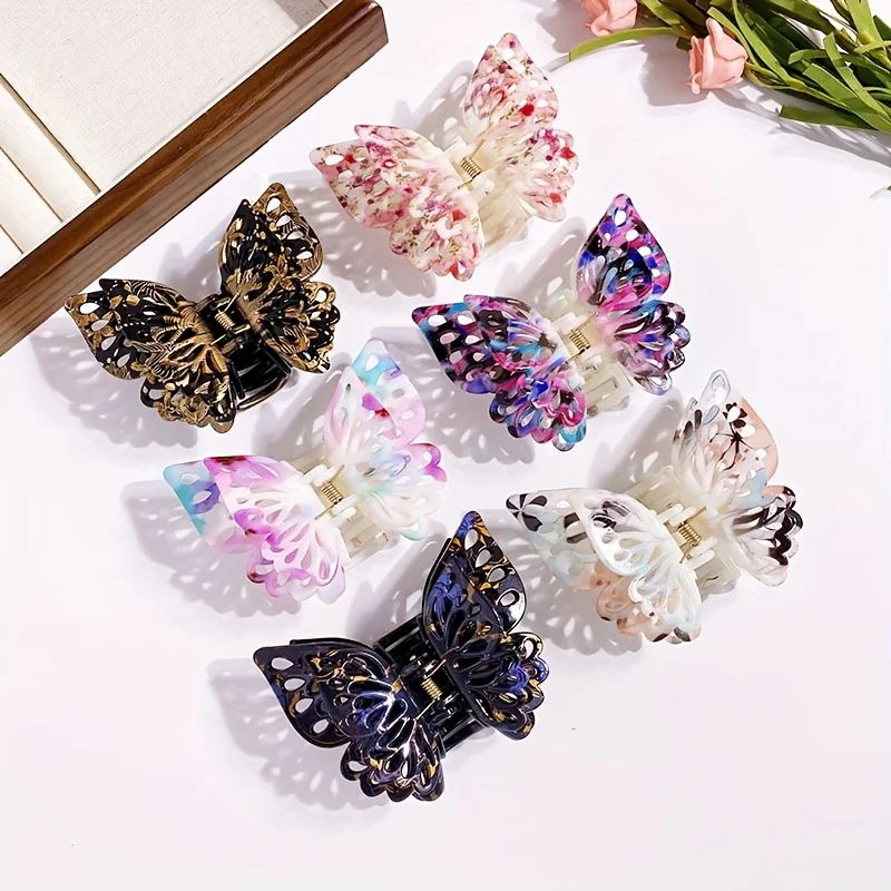 

Набор из 2 заколок для волос в форме бабочек с цветочным принтом в случайных цветах, большие заколки-крабы в форме бабочек с ультра-сказочным водным принтом, высококачественные заколки для хвоста, элегантные заколки и стильные заколки для волос.