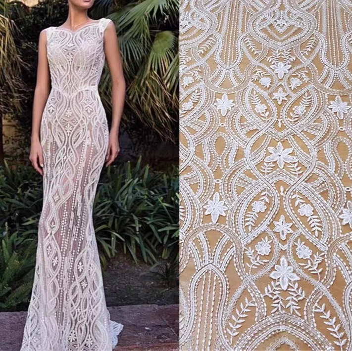 

1yard High quality mesh fabrics Unique beaded sequin embroidery tissu Wedding Dress Cheongsam fabric for patchwork