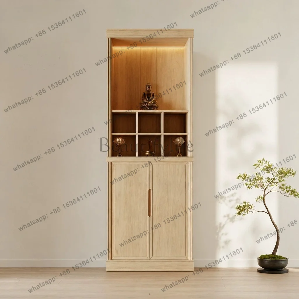 YJ New Chinese Solid Wood Standing Shrine Cabinet Zen Style Home Altar For Guanyin Ancestor Landlord Worship Offering Cabinet