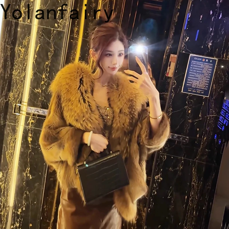 YOLANFAIRY الخريف والشتاء استيراد الراكون الفراء طوق فرو المنك معطف المنك كامل الخامس الرقبة الخفافيش الأكمام العتيقة الفراء سترة شوهبات 2025