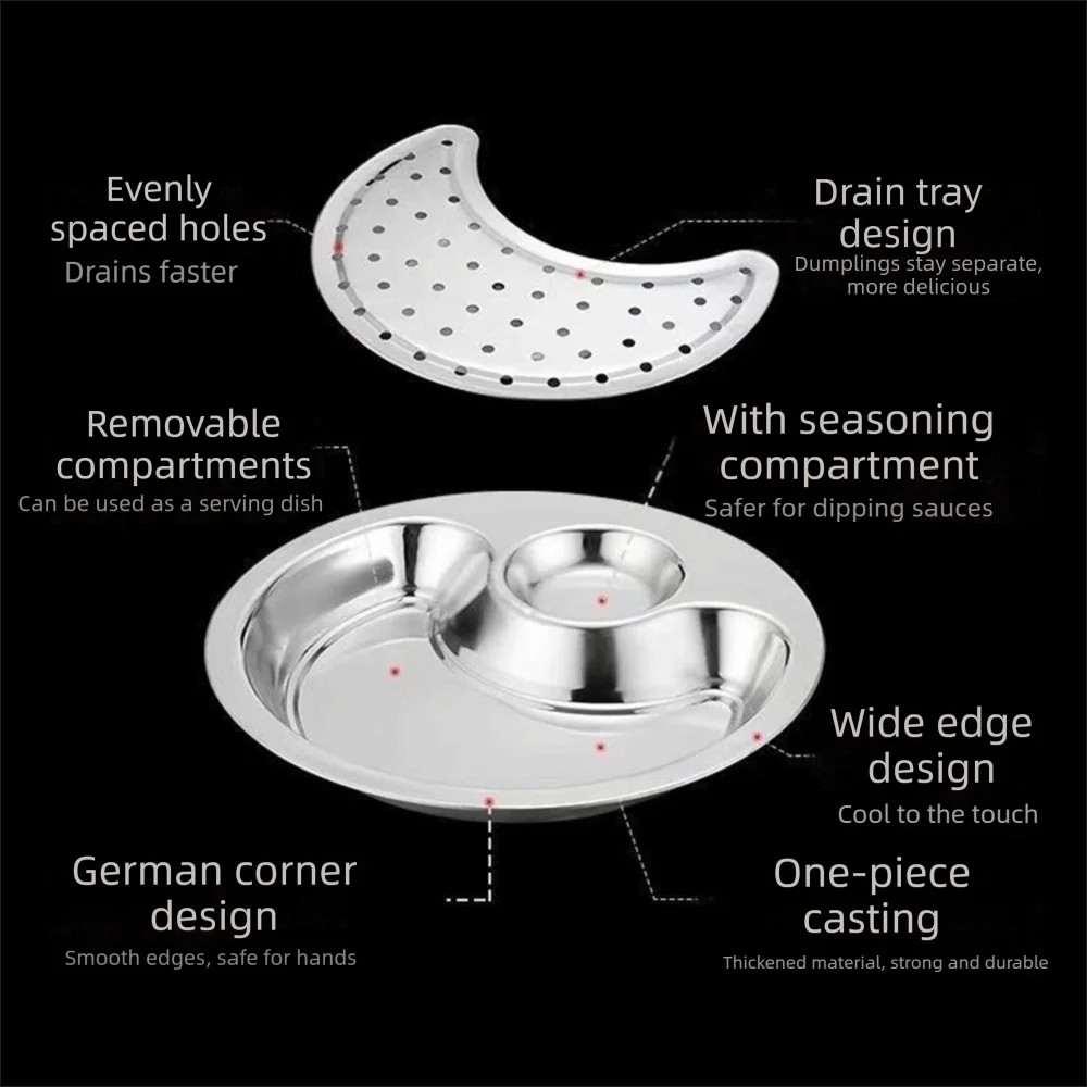 Stainless Steel Dumpling Plate Round Thickened Draining Serving Dish with Vinegar Dish Double Layer Multi-Purpose Use