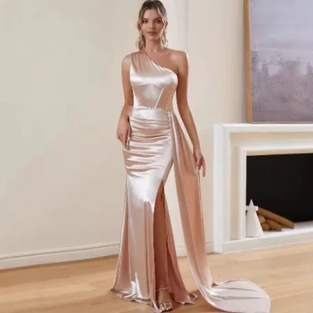 

One Shoulder Ruched Fishbone Corset Split Thigh Satin Formal Dress Draped Fashion Celebrity Party Female Outfits Sexy Dresses