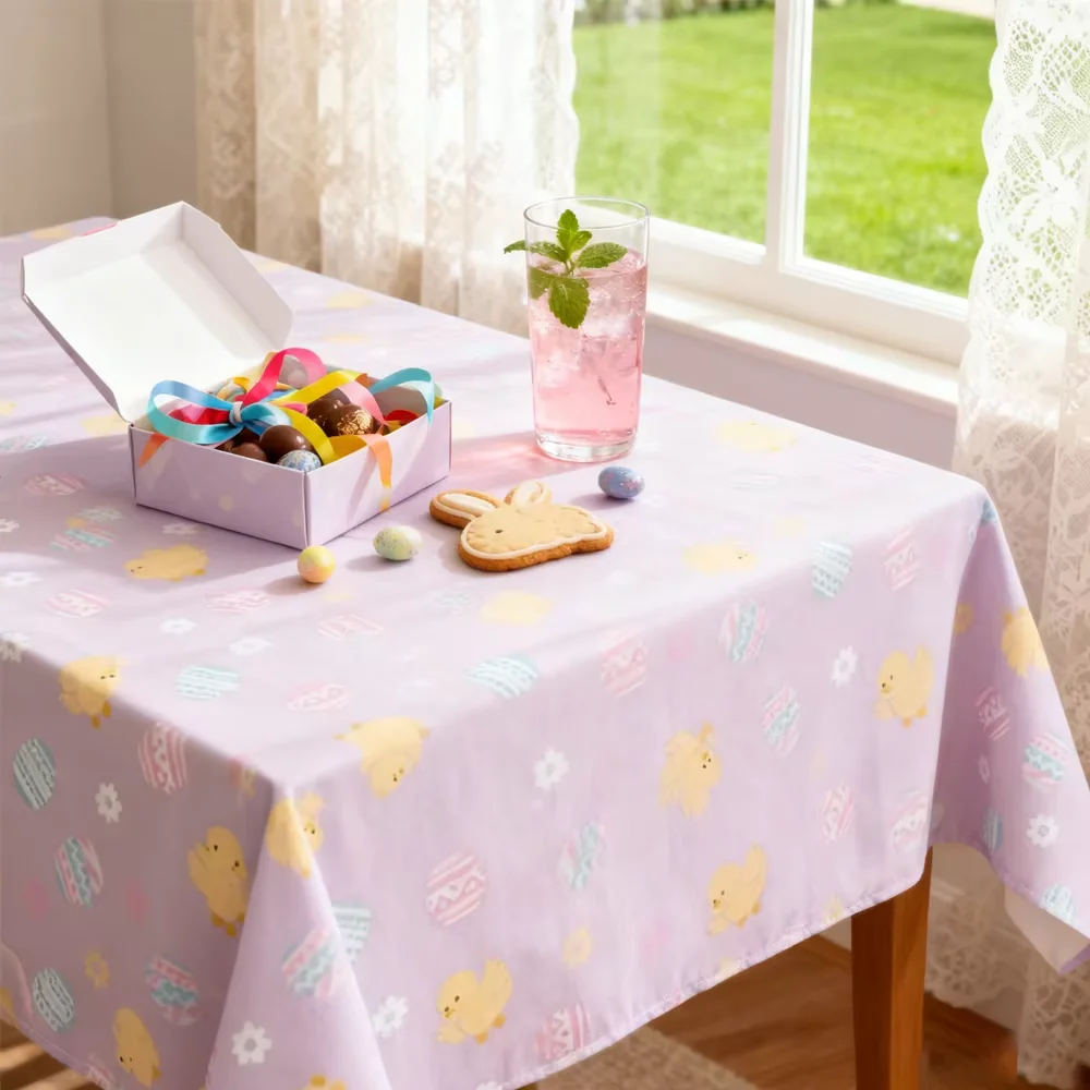 PESENAR Easter Inspired Tablecloth with Adorable Chicks Colorful Eggs and Delicate Floral Motifs for Home Decor