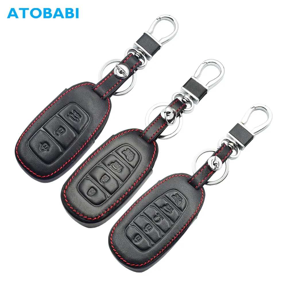 ATOBABI Leather Car Key Case Keychain For Hyundai Verna SantaFe 2018 2019 2020 i30 Palisade Kona Azera Accent Smart Remote Cover