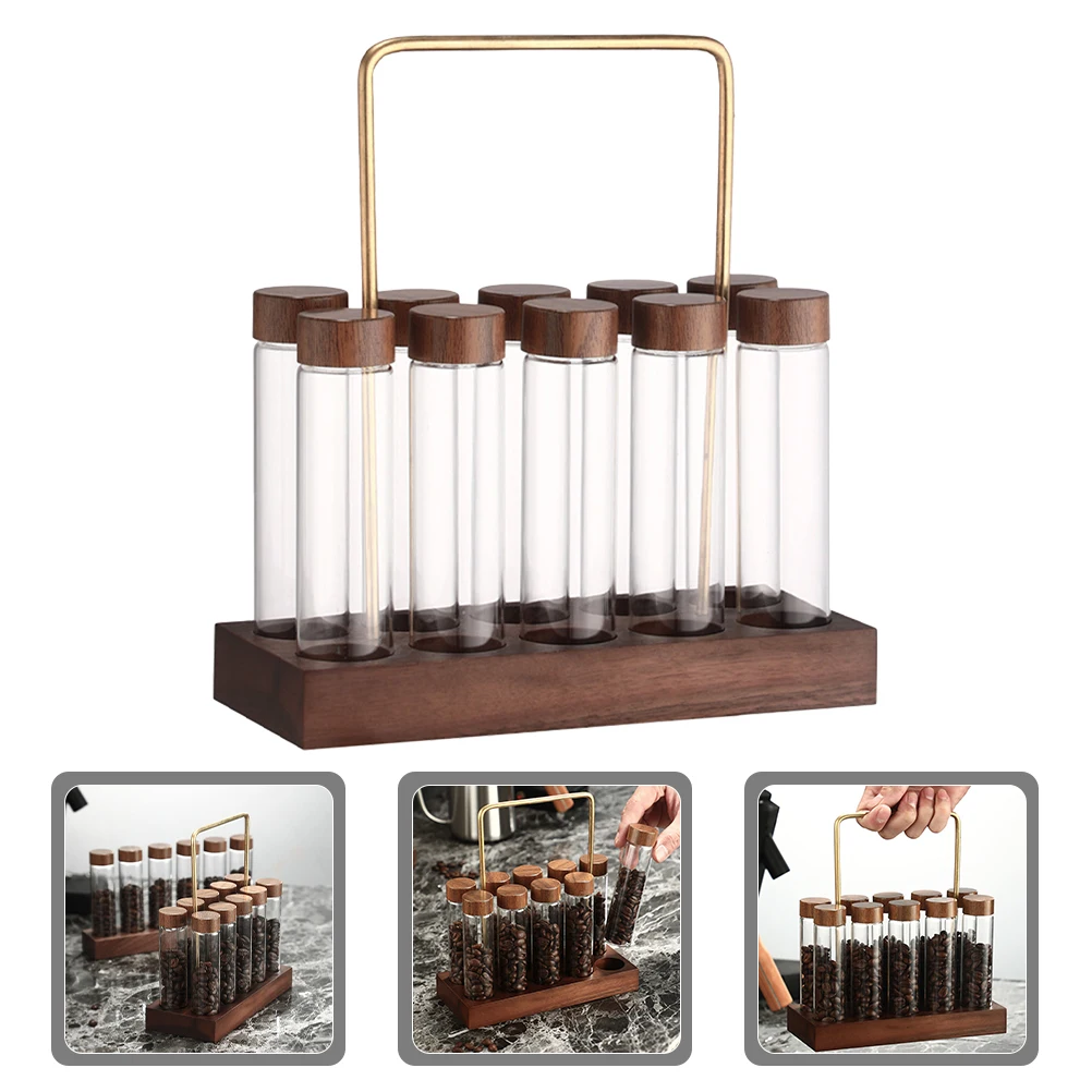 

1 Set Glass Coffee Bean Tubes Airtight Sealed Containers Wooden Display Stand Space Saving Coffee Storage Set For Beans Spices