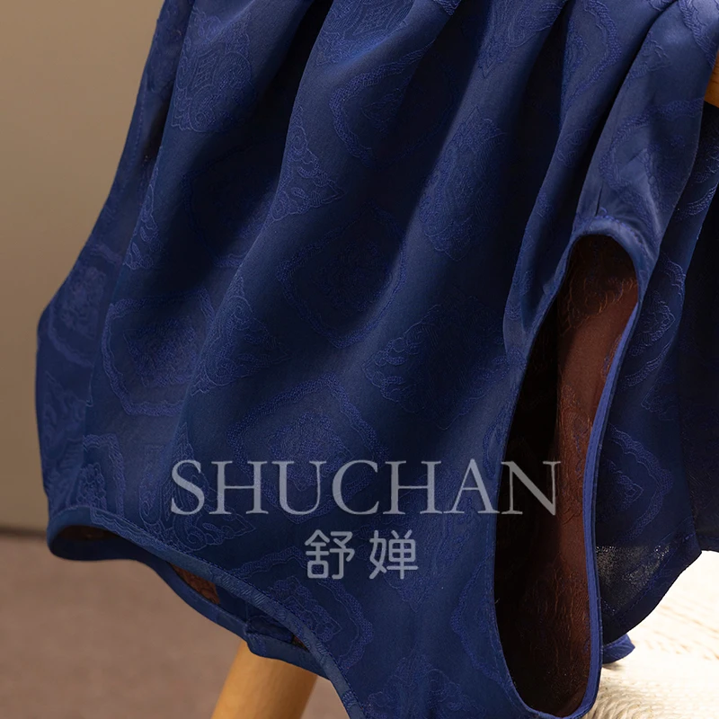 2025 Luxury Sapphire Blue Heavy Silk Fragrant Cloud Yarn Jacquard Vest Shirt Women's 74B3 Blusas Mujer De Moda Verano