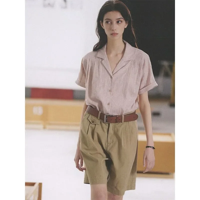 

Women's Cuban Collar Striped Short Sleeve Shirt Loose Fit Organic Cotton Blouse for Summer