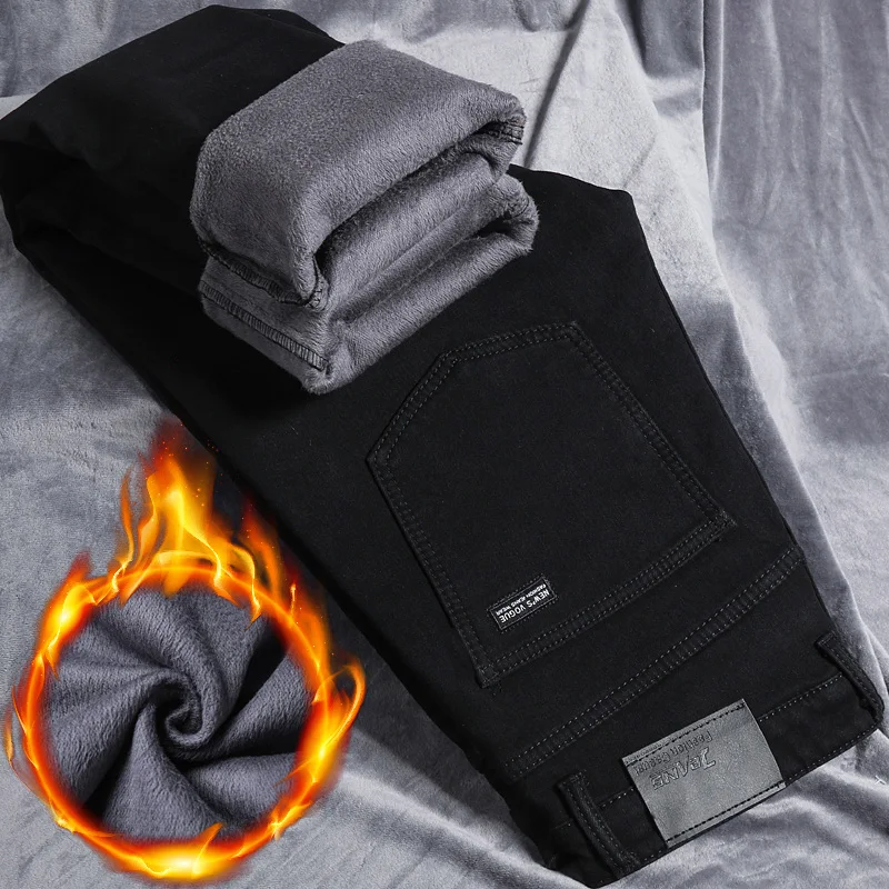 Autumn Winter Fleece Stretch Jeans Black Fashion Slim Comfortable Cotton Straight Trousers Warm Male Brand Clothing Denim Pants