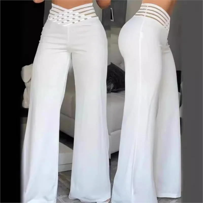 

2024 Women Slim Wide Leg Flared Pants Crisscross Sheer Mesh Patch High Waist Trousers Y2k Streetwear Elegant Casual Work Pant