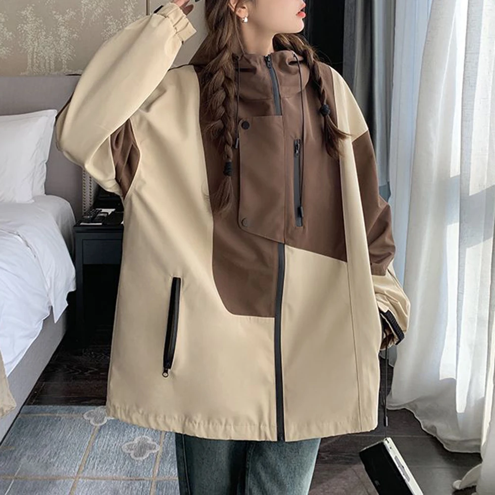 

Contrasting coat women's 2025 spring and autumn new loose casual and thin splicing small high-necked hooded design trench coat