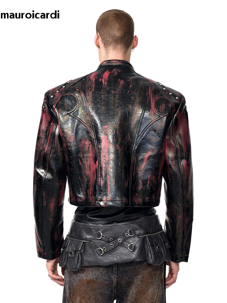 Mauroicardi Spring Autumn Short Pu Leather Motorcycle Jacket Men Rivet Zipper Shoulder Pads Luxury Designer Streetwear Clothing view 2