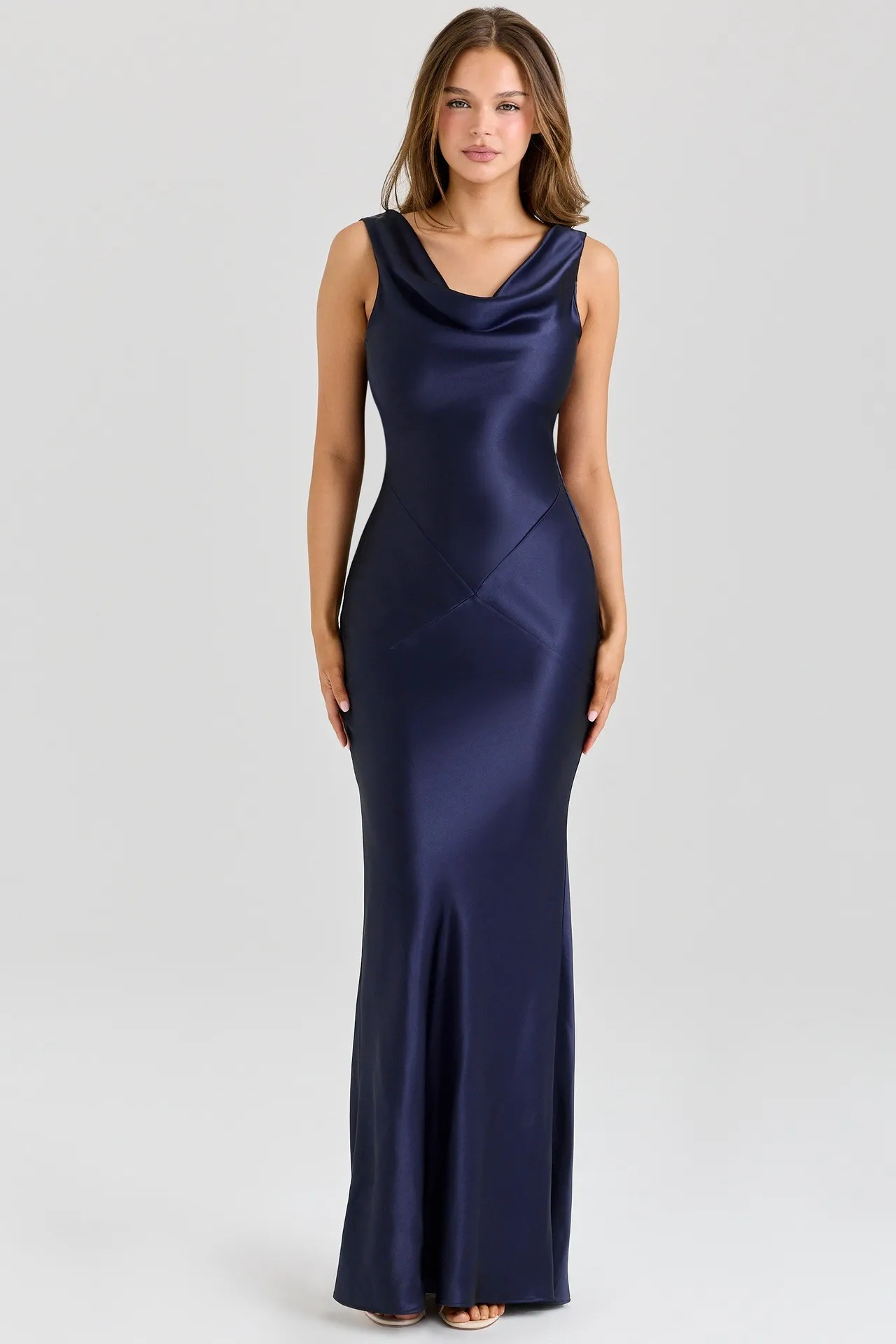 Elegant sleeveless off shoulder tight long solid color temperament high-end satin slim fit dress