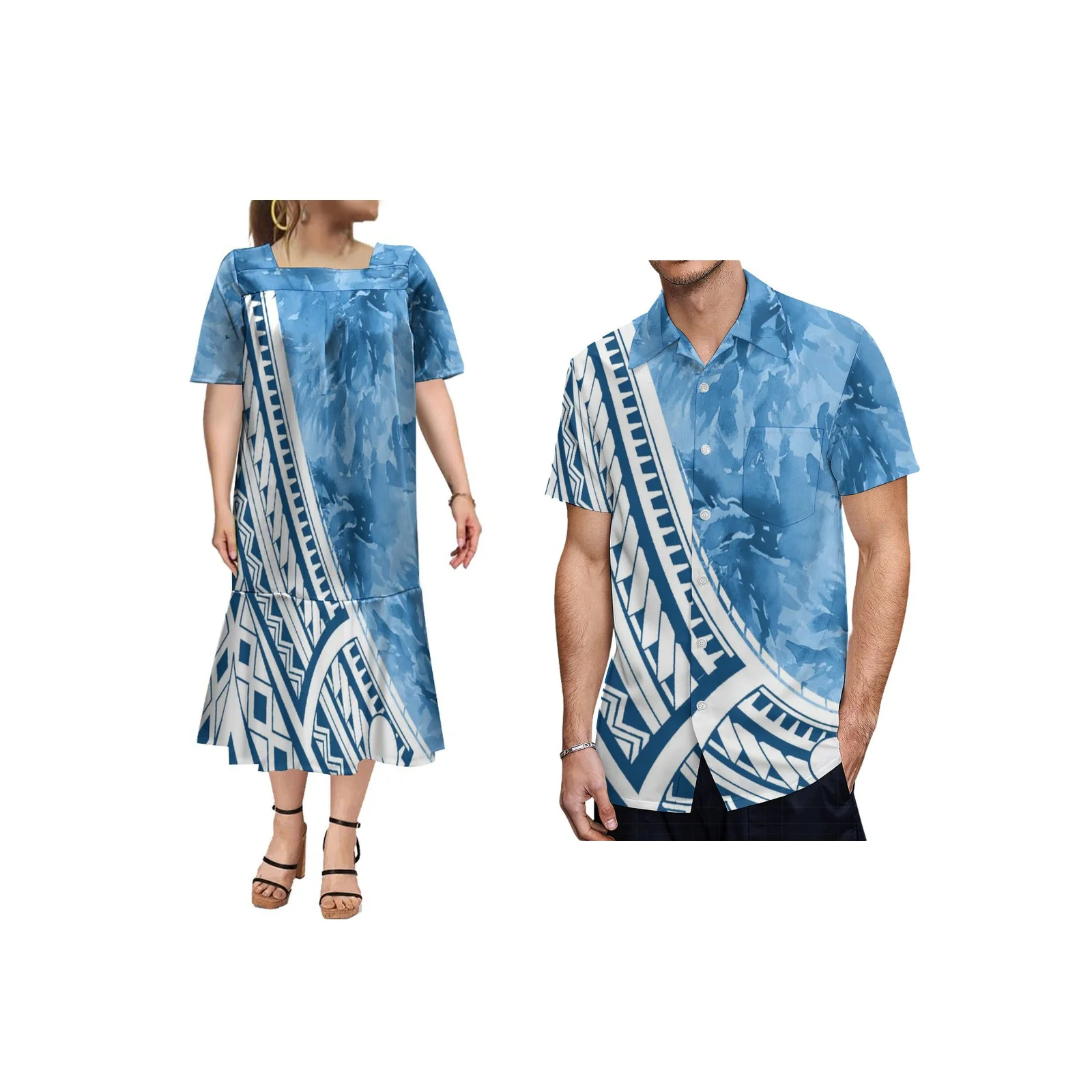 

Polynesian Men's Summer Short Sleeve Shirt Pacific Islands Chic Couple's Set MUMU Tribal Ethnic Style Women's Dress