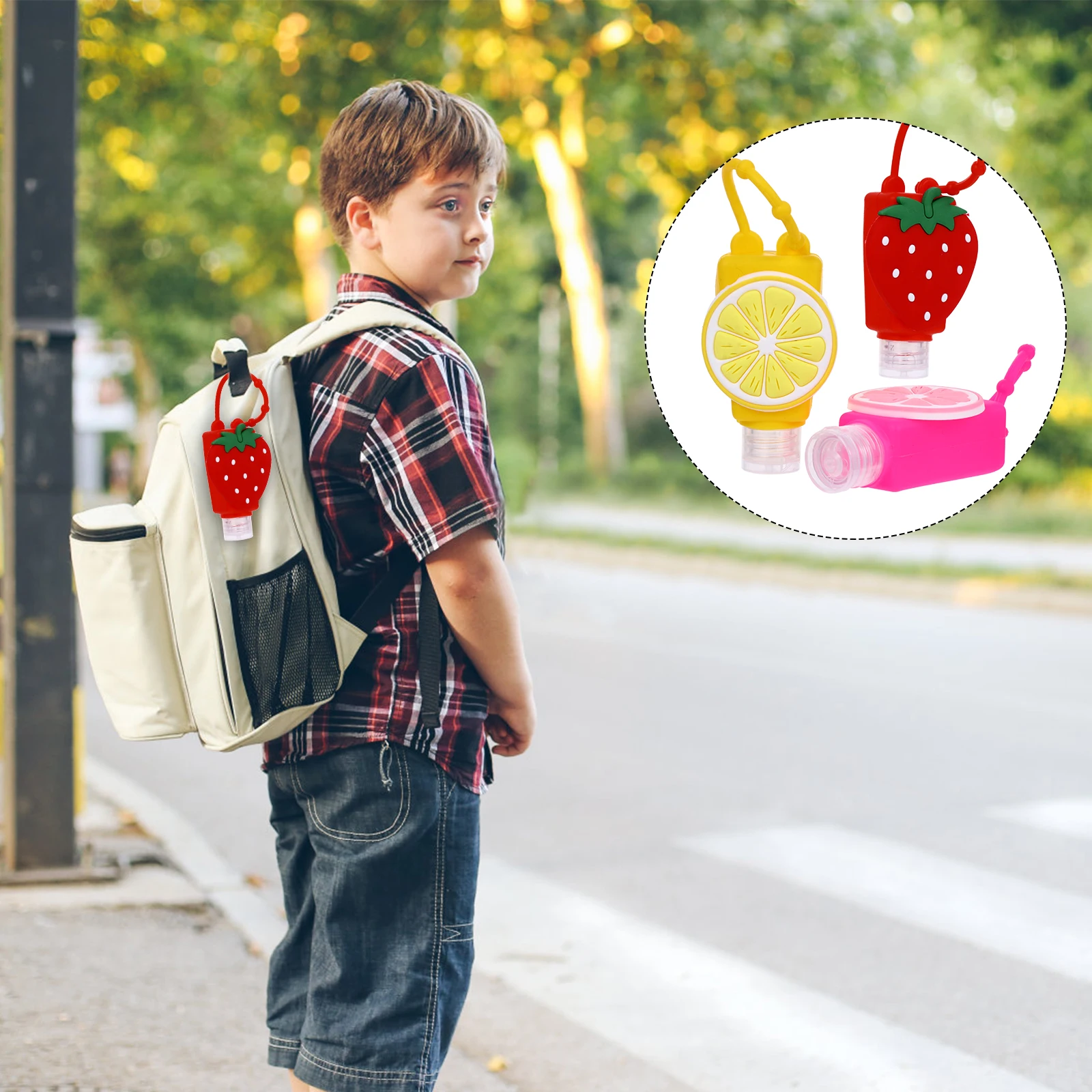 

4pcs Cartoon Silicone Bottles Fruit Pattern Portable Travel Empty Containers Refillable Small Bottle With Hook For Hand