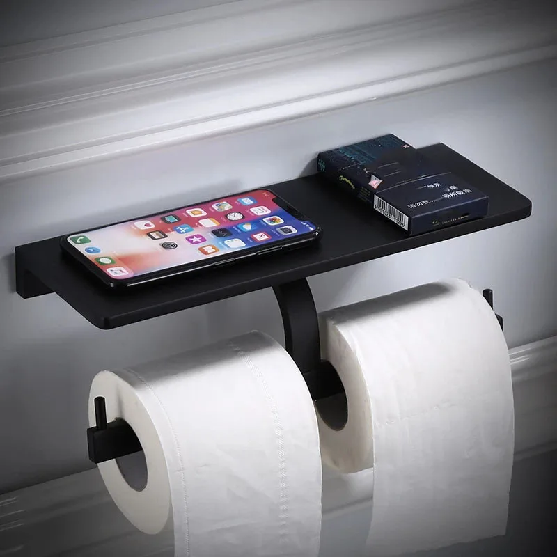 Paper Holder with Phone Holder Aluminum Bathroom Paper Roll Holder Aluminum Toilet Paper Holder Tissue Boxes Wall Mounted