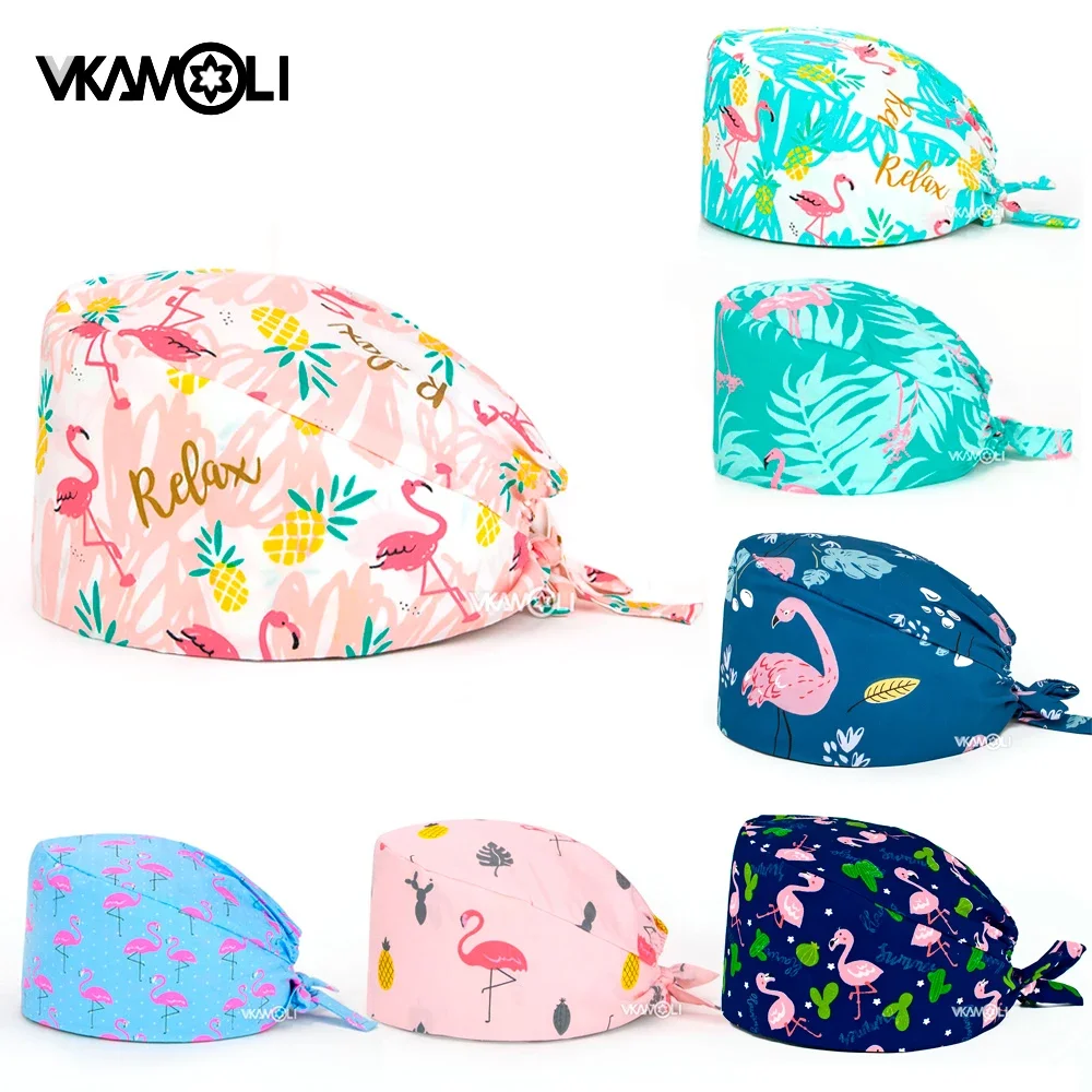 

Flamingo printed Scrub Cap with Sweatband Men Women Section pet grooming nursing work hats