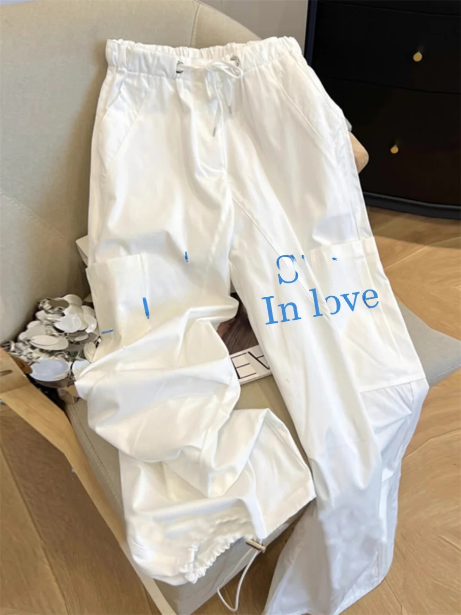 Calças de Trabalho Brancas com Estampa de Letras, Cintura Alta, Ajuste Solto, Estilo Vintage sex, Calças Longas Casuais d...