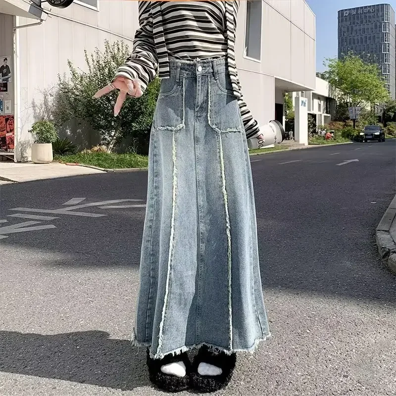 2024 Spring/Summer New Long Denim Half Skirt with Hairy Edge and Large Pocket, Fashionable A-line Mid to Long Tail Denim Skirt