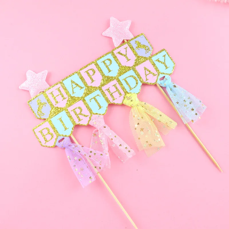 Feliz Cumpleanos Party Cake Topper Spanish Star Glitter DIY Kids Happy Birthday Cupcake Toppers For Baby Shower Party Supplies