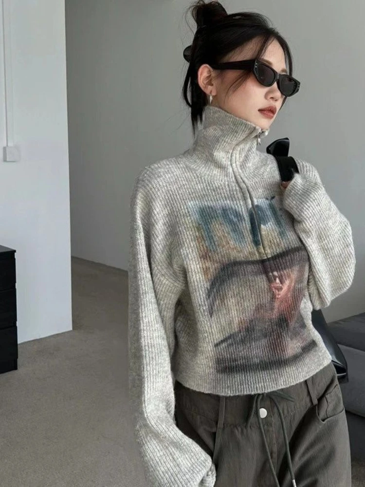 Pullovers Sweater with Zipper Sweatshirts for Women Orint on Full Zip Up Baggy Female Clothes Loose E Dropshiping 2000s M Tops