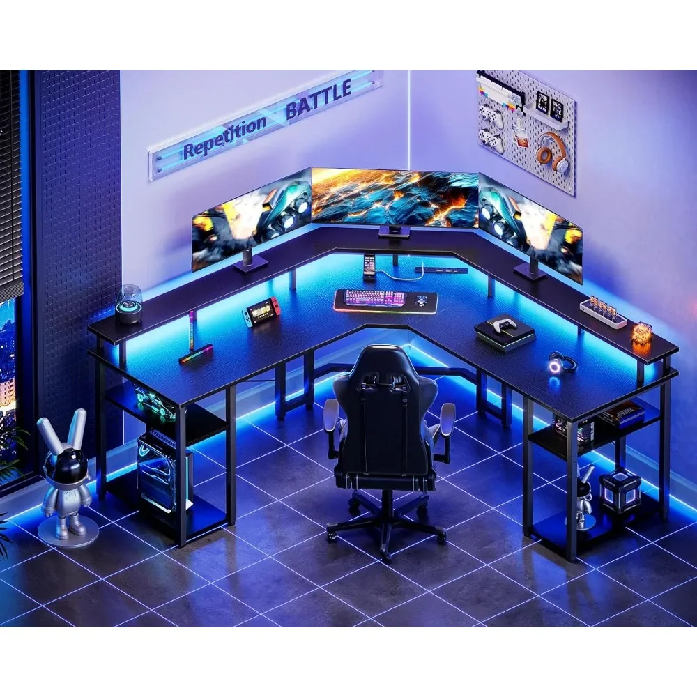 L Shaped Gaming Desk com luzes LED e Tomadas, mesa reversível do computador, suporte do monitor completo, prateleiras de armazenamento, 56"