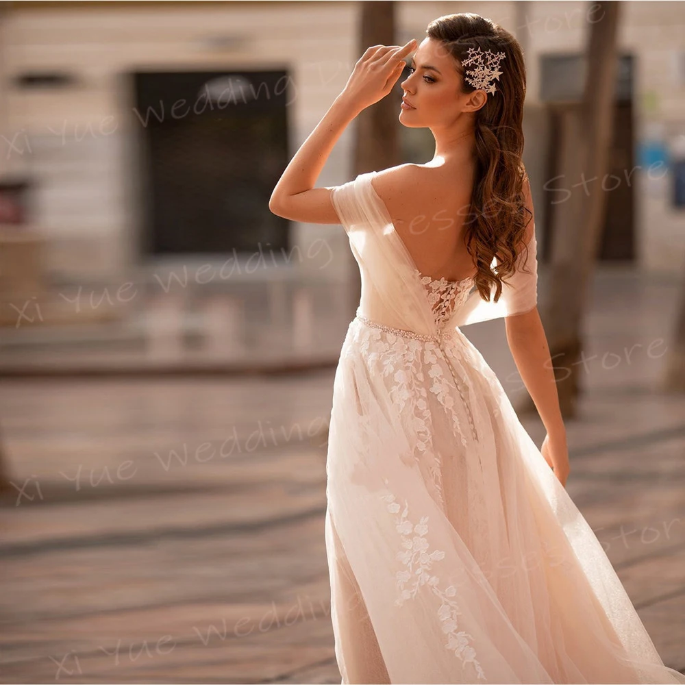 Affascinante grazioso una linea abiti da sposa da donna Vintage nuovo con spalle scoperte Appliques di pizzo abiti da sposa Tulle Vestido De Noivas