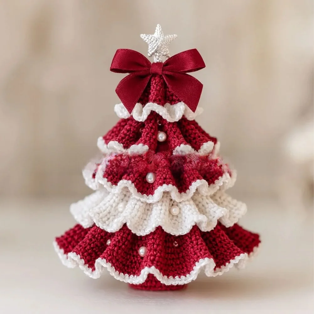 Handmade Crochet Christmas Tree Kit Festival with Bow Faux Pearl Christmas Party Crochet Tabletop Christmas Tree for Beginner