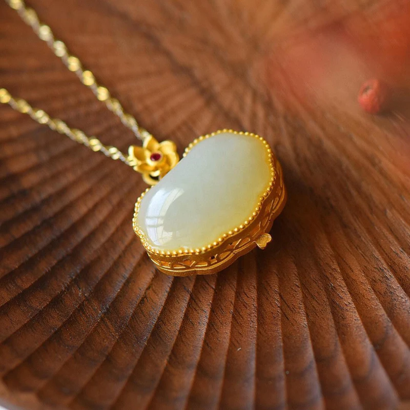 Ancient gold craft inlaid ancient rhyme hollow flower necklace natural Hetian jade pendant jewelry can open the Gawu box