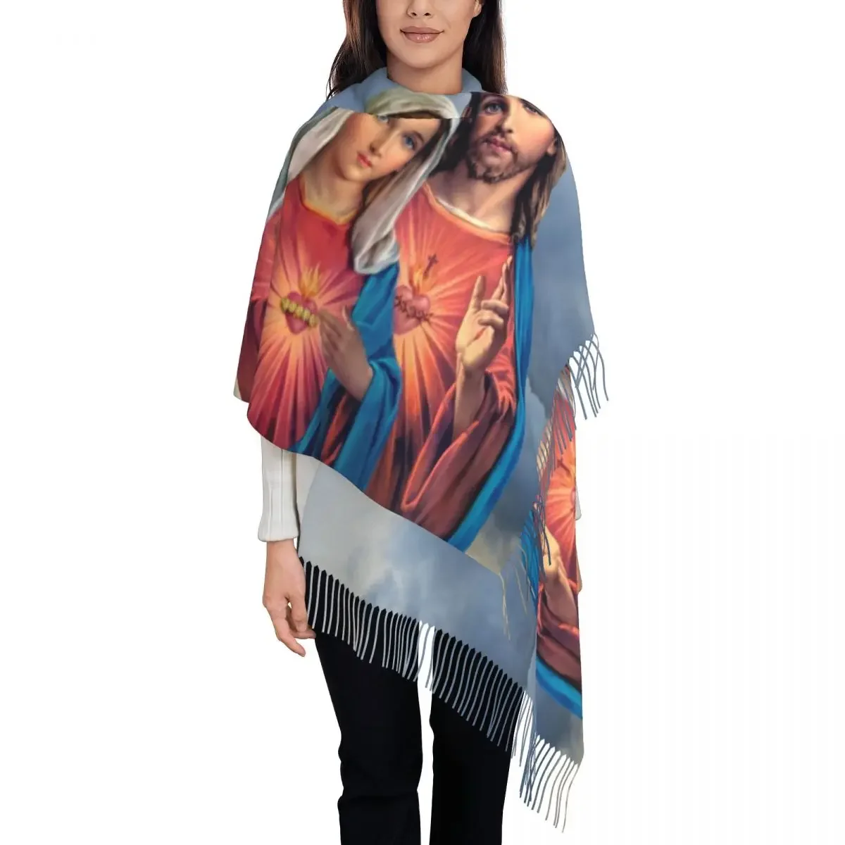 Personalized Print Sacred And Immaculate Hearts Scarf Women Men Winter Warm Scarves Catholic  and Mary Shawls Wraps