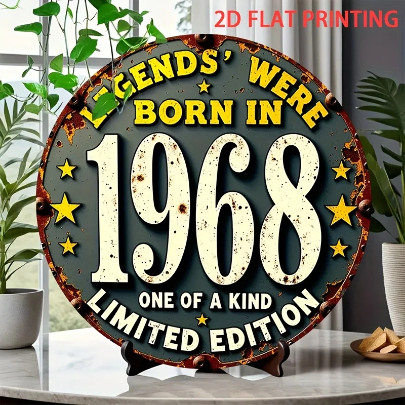 2D flach, 1 Stück Vintage 1968 Geburtstagsdekoration – Geboren im Jahr 1968 Retro-Metallschild – robuste runde Wanddekoration aus Eisen – einfache Aufhängung