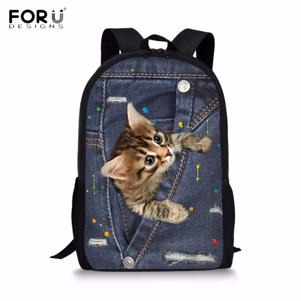 Harajuku Animal Black Denim Pocket Cat/Kitten Notebook Backpacks School Bags 3D Oxford Waterproof Boys/Girls Laptop Backpacks