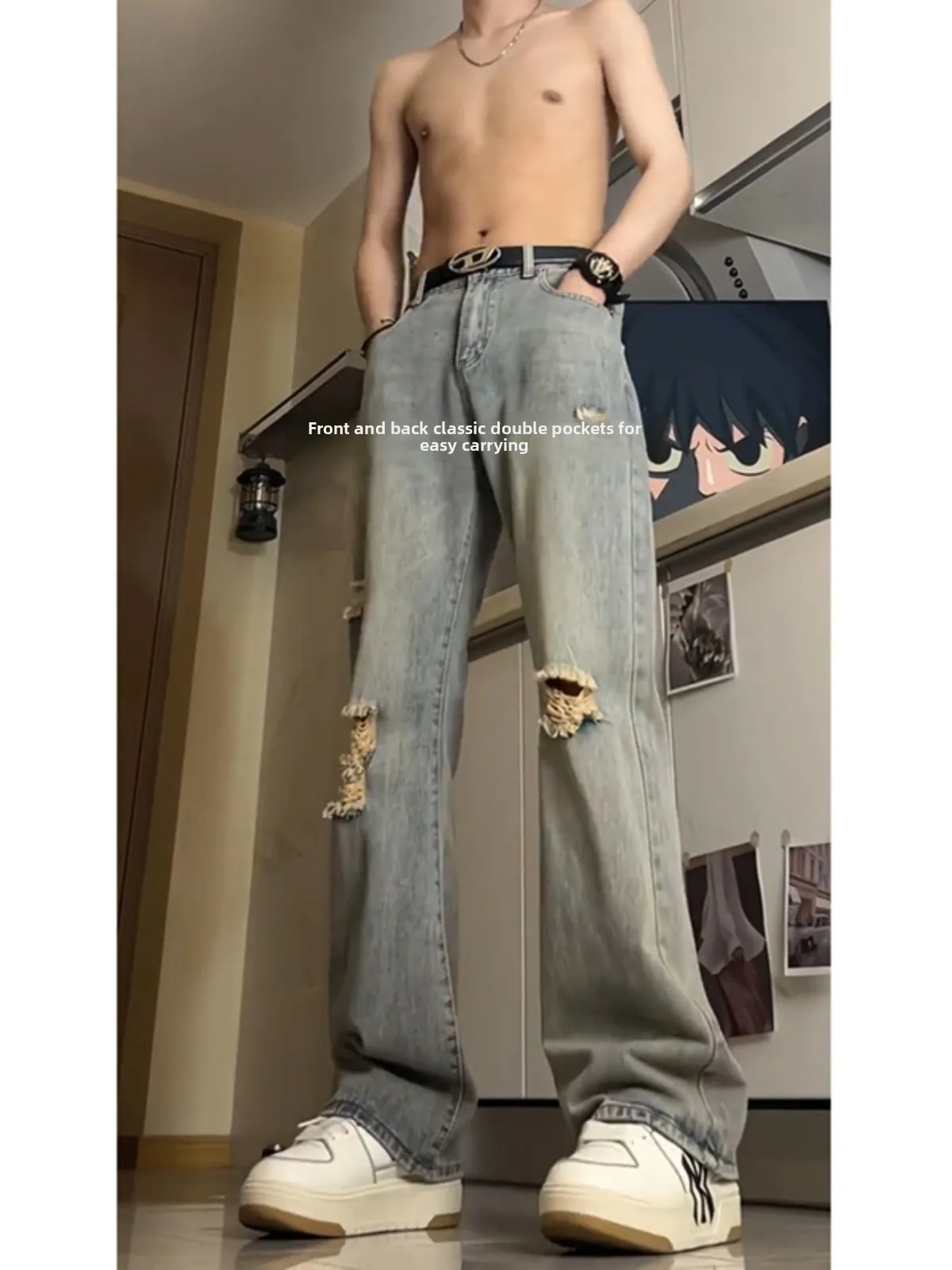 

Retro Blue Men's Denim Jeans Straight Leg Summer Waed American Sle Pants Faded Micro Flared Trousers Youth Trend Cotton P...