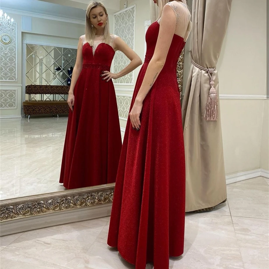 Abiti da sera bordeaux A-Line O-Collo Manica ad aletta Pizzo Perline con paillettes Lunghezza pavimento Abito da ballo formale per feste Custom Made 2022