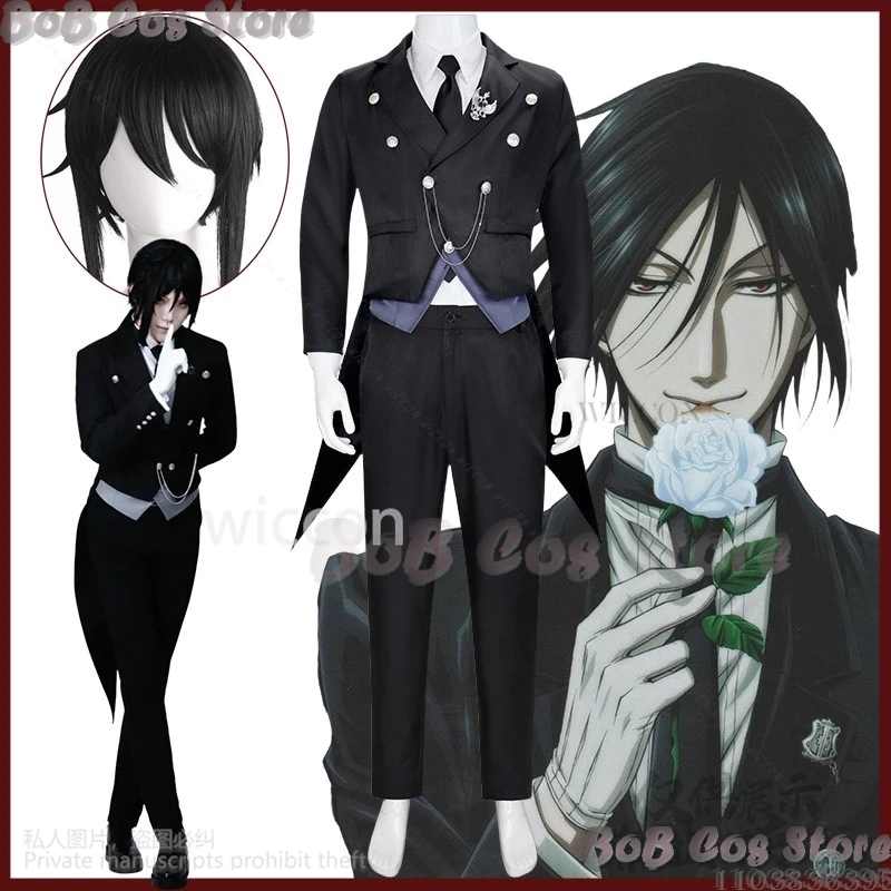 Black Anime Butlerr Cosplay Sebasuchan Devil Uniform Costume Coat Pants Shirt Tie Vest Wig Halloween Party Roleplay Customized