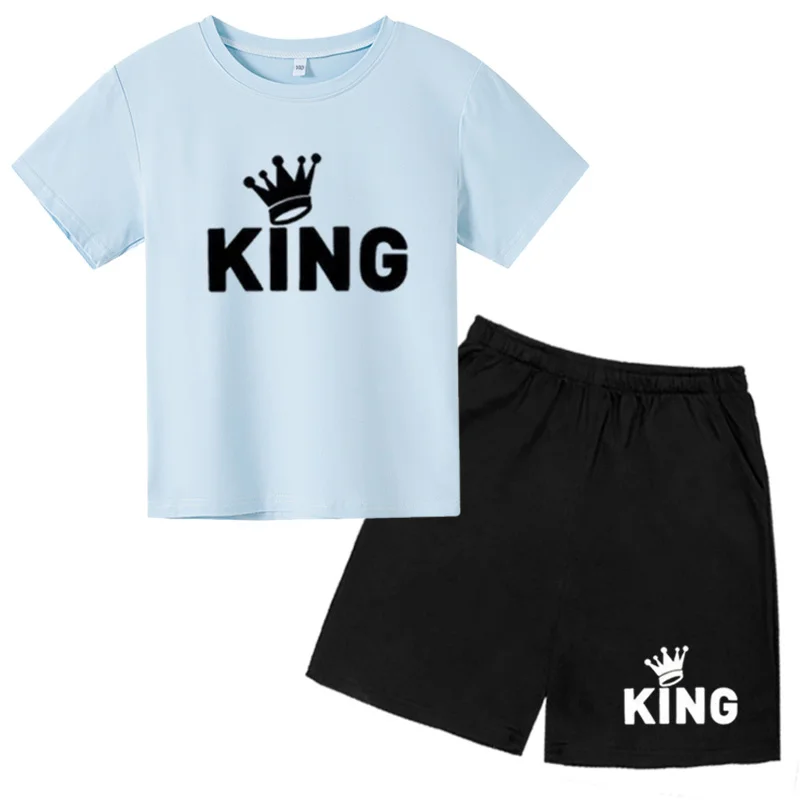 KidsT T-shirt set for boys and girls aged 2-12, casual sports outdoor short sleeved+shorts with cartoon letters printed on them