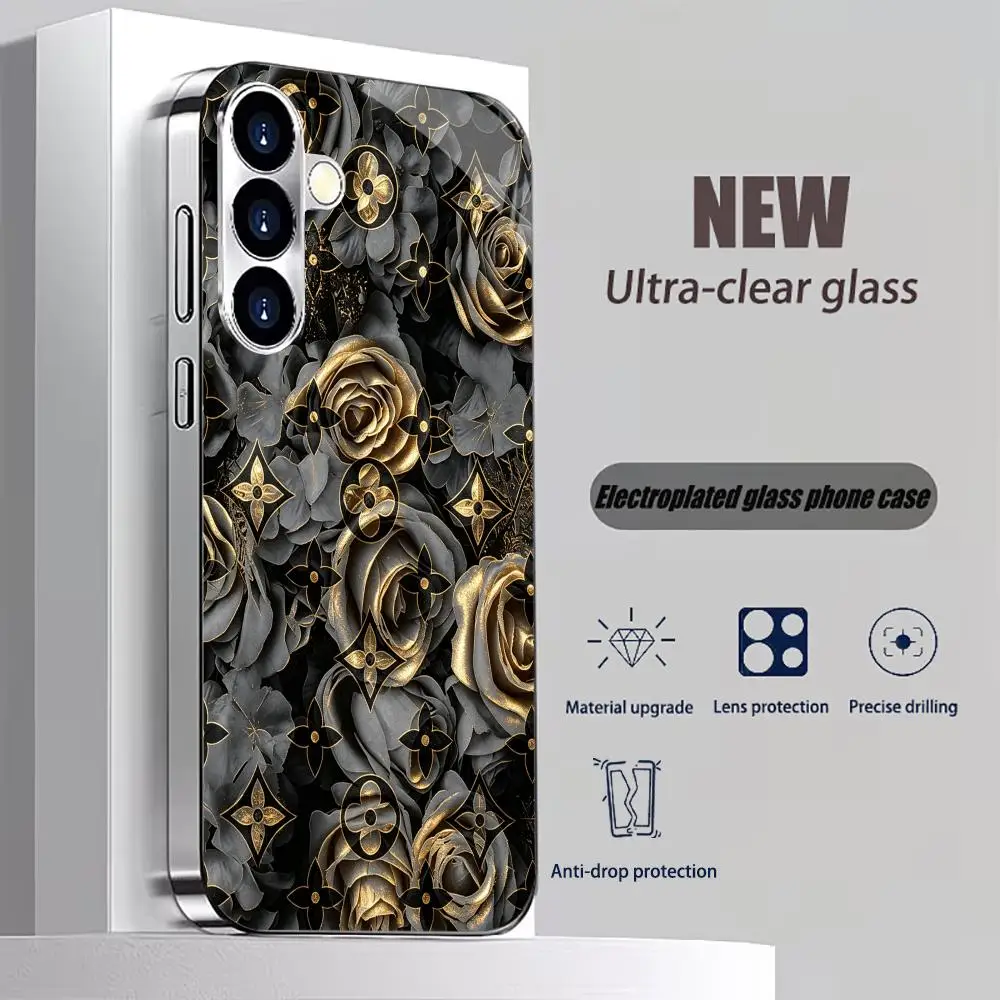 Black Gold Rose Fashion Electroplated Glass phone case for Samsung Galaxy S26 S25 S24 S23 S22 S21 FE,Ultra,Plus Drop resistant