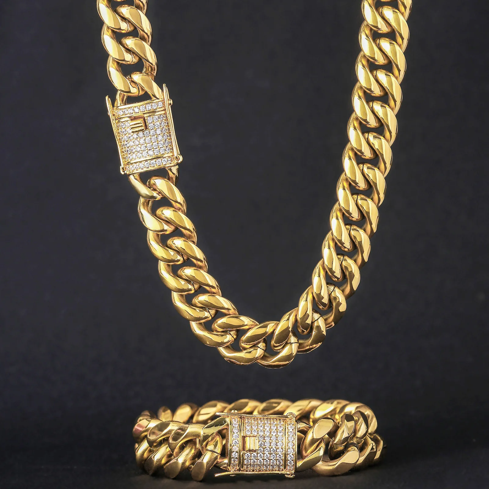 

Hip Hop 6-18mm Width Stainless Steel Cuban Chain Box Lock Mirco Rhinestone Gold Chain for Men's 18K Gold Cuban Link Necklace