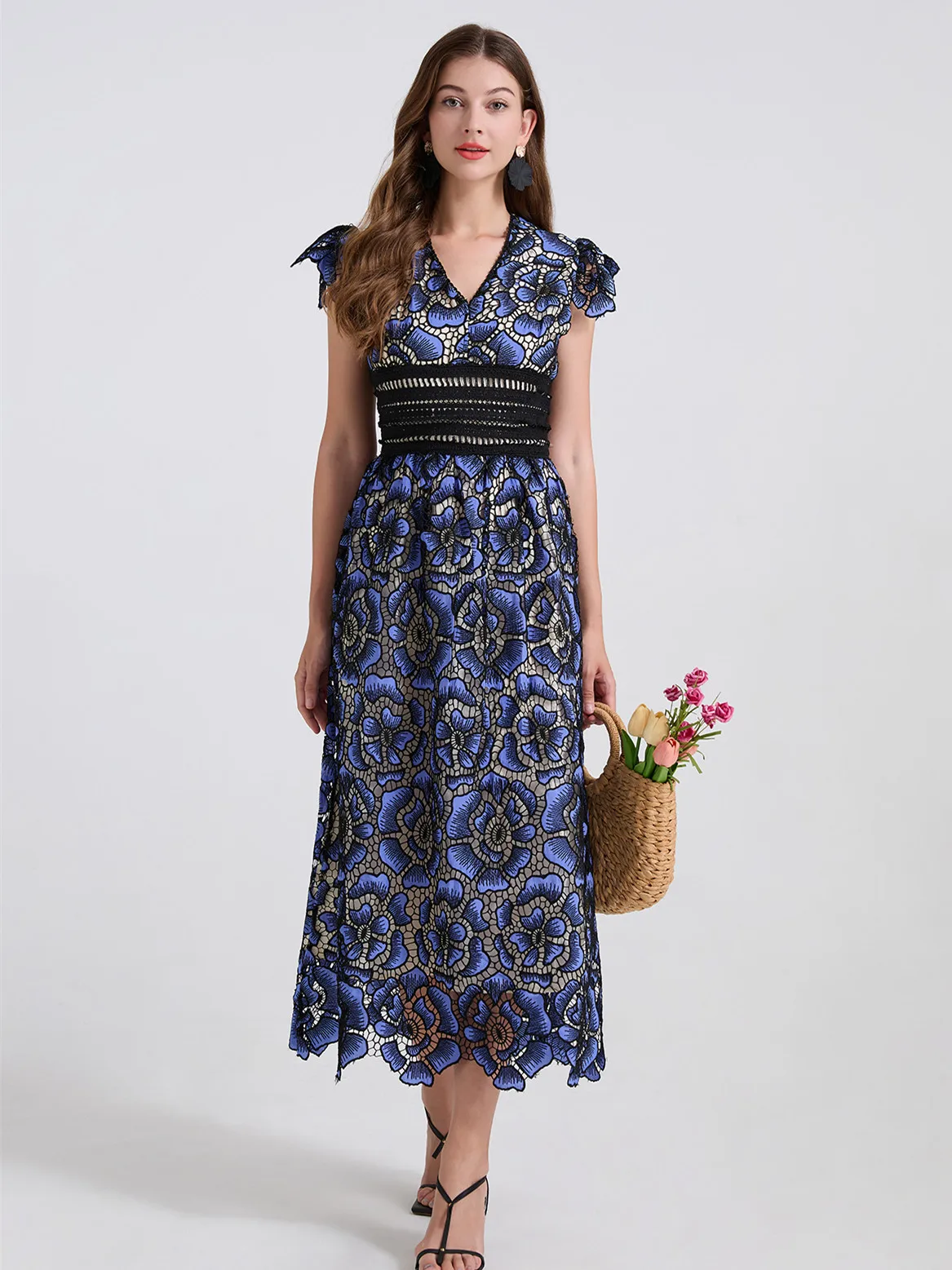 

Luxury Hollow Out Embroidery Lace Formal Dress For Women Summer V-neck Short Sleeve Evening Prom Long Maxi Dress Robes Femme