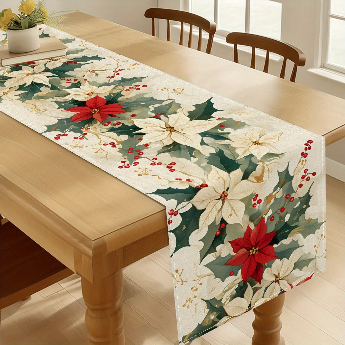 Christmas Poinsettias Holly Berry Linen Table Runner Party Decor Winter Xmas Kitchen Dining Table Runners Christmas Decorations
